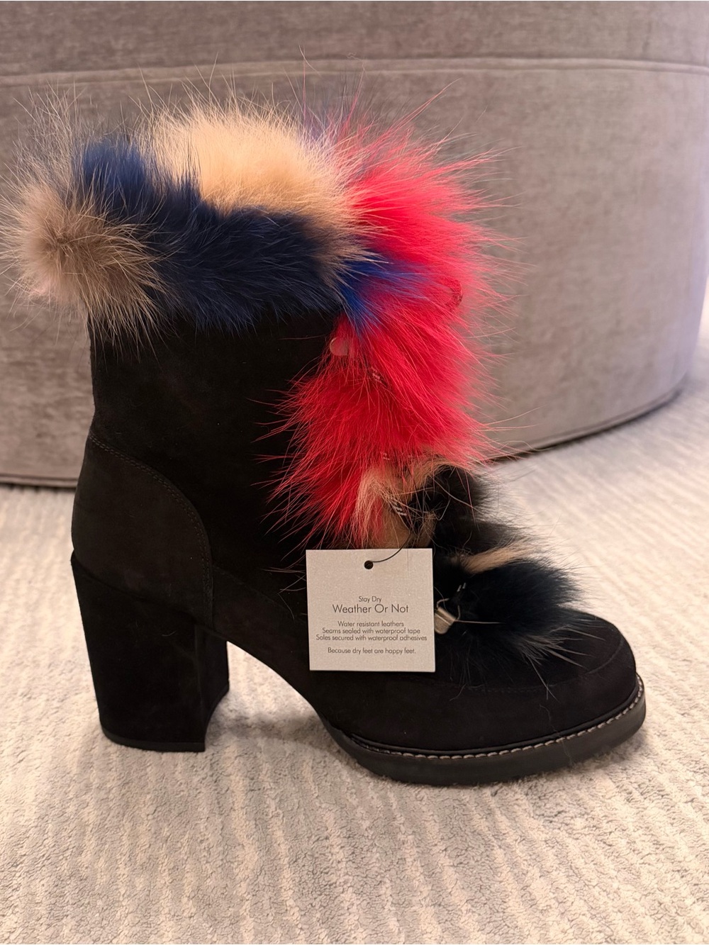 Stuart Weitzman Black Suede Fur-Trim Block Heel Boot with Red, Blue & Beige Fur